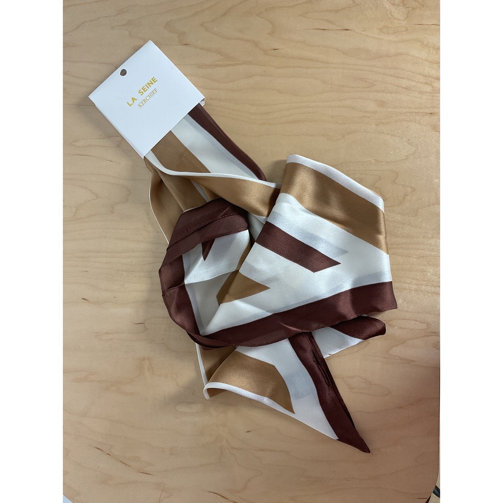 LA SEINE Kerchief Scarf Brown‎ White Gold Stripe Satin Finish Accessory NWT